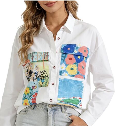 Womens Y2k Artistic Doodle Print Patchwork Button Up Shirt Hand Drawn Graphic Detail Streetwear Oversized Shirt in Saudi Arabia