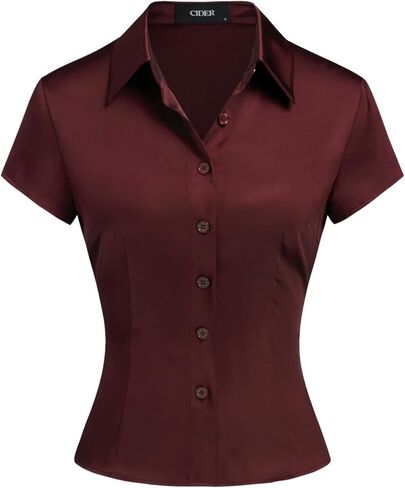 CIDER Shirts for Women Satin Collar Short Sleeve Button Down Blouse Work Office Elegant Shirt Womens Blouses in Saudi Arabia