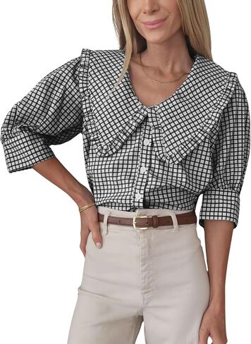 Daacee Women’s Plaid Blouse Oversized Ruffle Collar V Neck Puff Sleeve Button Down Plaid Shirts Trendy Gingham Tops in Kuwait