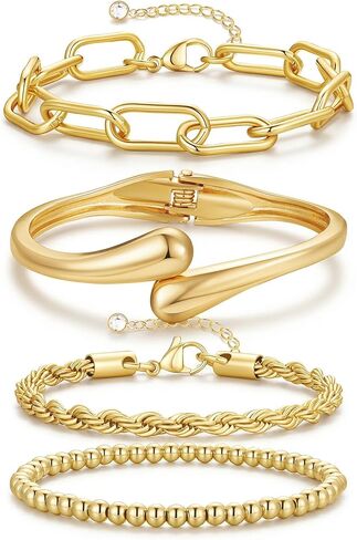 M MOOHAM Easter Gifts Basket Stuffers Easter Gold Bracelet - Chunky 14k Gold Plated Bangle Bracelets for Women Trendy Hypoallergenic Stackable Twist Cuff Bracelet Stack Jewelry Gifts in Saudi Arabia