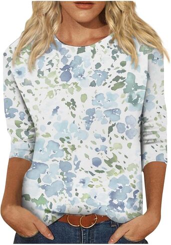 3/4 Length Sleeve Womens Tops Summer Casual Tops Blouses Round Neck Print Trendy Loose T-Shirt Tops in Saudi Arabia