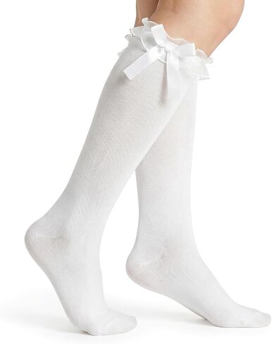 جوارب بيضاء للركبة للفتيات، جوارب بناتي مدرسية بفيونكة دانتيل مكشكشة للنساء، جوارب لوليتا عتيقة قابلة للتمدد للرقص اليومي للمدرسة والأزياء التنكرية in Kuwait