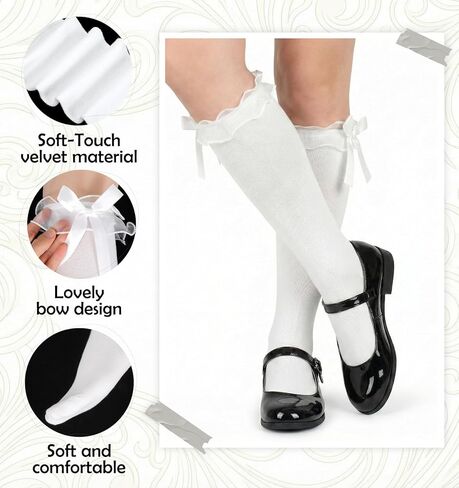 جوارب بيضاء للركبة للفتيات، جوارب بناتي مدرسية بفيونكة دانتيل مكشكشة للنساء، جوارب لوليتا عتيقة قابلة للتمدد للرقص اليومي للمدرسة والأزياء التنكرية in Kuwait