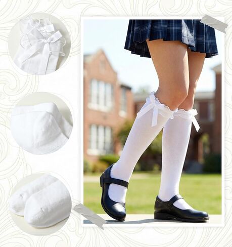 جوارب بيضاء للركبة للفتيات، جوارب بناتي مدرسية بفيونكة دانتيل مكشكشة للنساء، جوارب لوليتا عتيقة قابلة للتمدد للرقص اليومي للمدرسة والأزياء التنكرية in Kuwait