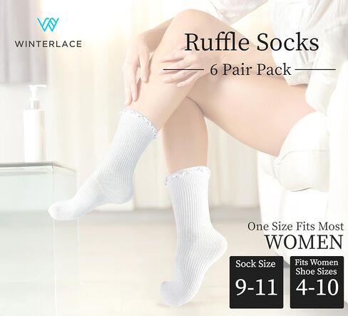 Winterlace 6-Pair Cotton Ruffle Frilly Crew Socks Womens Turn Cuff Fashion Cute in Saudi Arabia