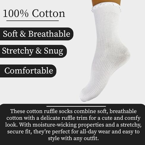 Winterlace 6-Pair Cotton Ruffle Frilly Crew Socks Womens Turn Cuff Fashion Cute in Saudi Arabia