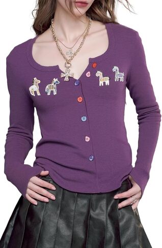 كارديجان نسائي بأكمام طويلة مع أحصنة مطرزة وأزرار ملونة، سترة محبوكة مريحة للفتيات in Kuwait