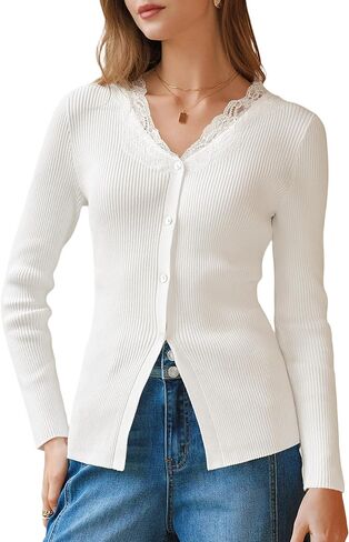 Arach&Cloz Women's 100% Cotton Lace Button Going Out Slim Fitted Cardigan Sweater 2026 in Saudi Arabia