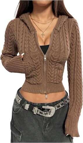 SOLY HUX Women's Zip Up Cable Knit Cardigans Long Sleeve Hooded Fitted Crop Sweater Tops with Pocket in Saudi Arabia