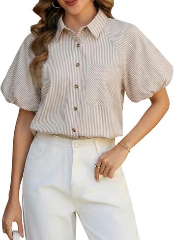 قمصان نسائية مخططة بأكمام منتفخة وأزرار سفلية، قميص صيفي أنيق كاجوال فضفاض in Kuwait