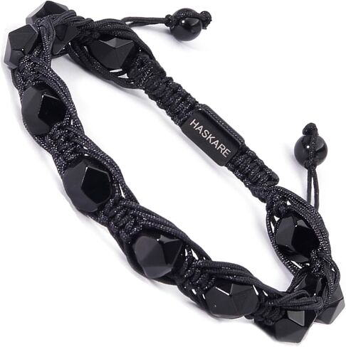 بلورات الحماية سوار الحجر الأسود للرجال، HASKARE الهدايا المصنوعة يدويا بالنسبة له الأوجه سوار مطرز للرجال، الرباط فريد مصنوع يدويا من الخرز الأسود الطبيعي سوار للأب الأب الابن in Kuwait
