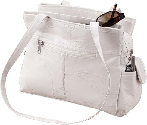 WalterDrake Womens Leather Handbag with Double Shoulder Straps, 3 Interior Pockets & 4 Exterior Pockets, White in Kuwait