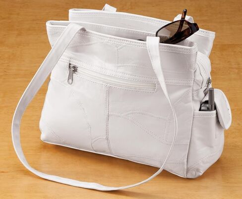 WalterDrake Womens Leather Handbag with Double Shoulder Straps, 3 Interior Pockets & 4 Exterior Pockets, White in Kuwait