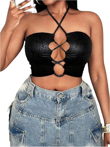 Floerns Women's Plus Size Lace Up Halter Tops Sleeveless Club Going Out Cropped Tops in Saudi Arabia