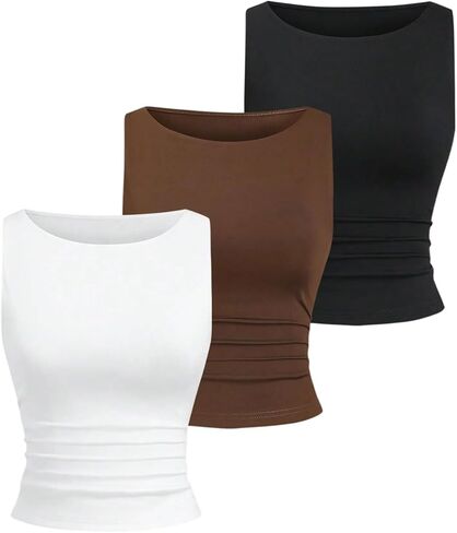 OYOANGLE Women's Boat Neck Crop Tank Top 3 Pack Ruched Sleeveless Fitted Shirts Y2K Going Out Tops in Saudi Arabia