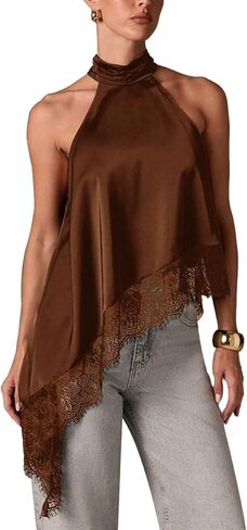 Women's Y2k Halter Mock Neck Top Sleeveless Lace Trim Asymmetrical Hem Going Out Tank Tops in Kuwait