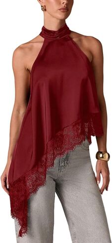 Women's Y2k Halter Mock Neck Top Sleeveless Lace Trim Asymmetrical Hem Going Out Tank Tops in Saudi Arabia