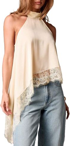 Women's Y2k Halter Mock Neck Top Sleeveless Lace Trim Asymmetrical Hem Going Out Tank Tops in Saudi Arabia