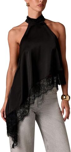 Women's Y2k Halter Mock Neck Top Sleeveless Lace Trim Asymmetrical Hem Going Out Tank Tops in Saudi Arabia