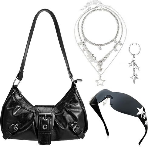 JATEBI Y2k Purse Shoulder Bag for Women Buckle Handbag Goth Punk Hobo with Sunglasses Star Layered Necklace Keychain in Saudi Arabia