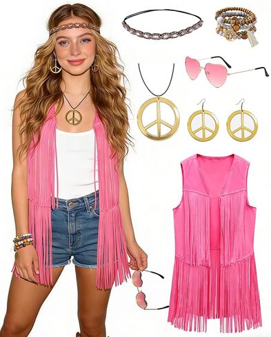 60s 70s Outfit for Women Hippie Costume Clothes Fringe Vest with Hippie Accessories Boho Headband for Disco Party Halloween in Kuwait