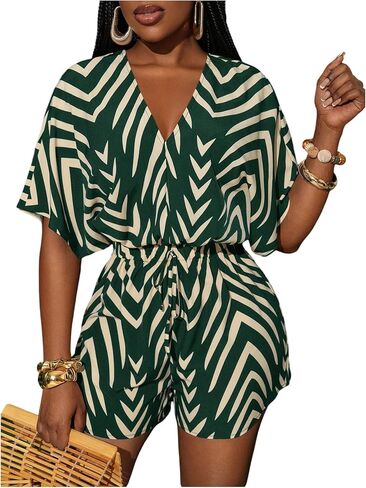 Milumia Women's Tropical Chevron Print Jumpsuit Ruffle Sleeve Tie Knot Summer Short Romper Playsuit in Saudi Arabia