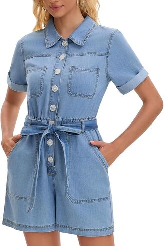 Womens Denim Romper Collared Short Sleeve Button Down Elastic Waist Jean Jumpsuit Shorts in Kuwait