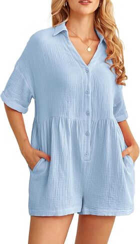 Kikibell Women's Summer Short Sleeve Romper Casual V Neck Wide Leg Short Jumpsuit Button Beach Rompers Outfit With Pockets in Kuwait