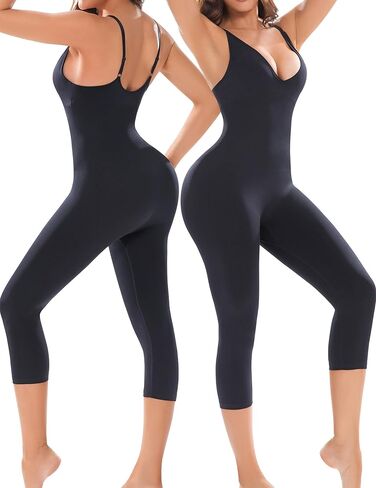 Women Workout Seamless Jumpsuit Deep V-Neck Yoga Ribbed Bodycon Capri Length Leggings Romper One Piece Tank Top in Kuwait