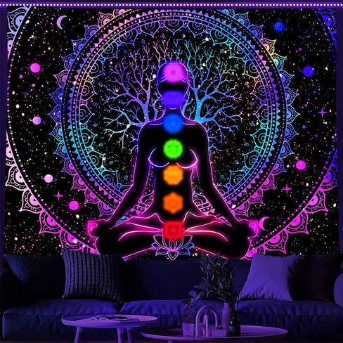 Ine Ive Blacklight Chakra Tapestry Boho Mandala Yoga Meditation Wall Tapestries 80x60Inch UV Reative Trippy Galaxy Space Spiritual Wall Blanket for Bedroom Office Home Decor in Kuwait