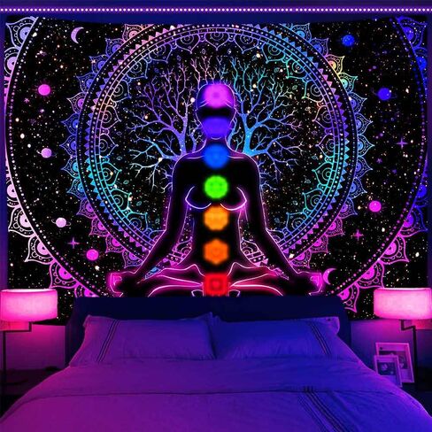 Ine Ive Blacklight Chakra Tapestry Boho Mandala Yoga Meditation Wall Tapestries 80x60Inch UV Reative Trippy Galaxy Space Spiritual Wall Blanket for Bedroom Office Home Decor in Kuwait