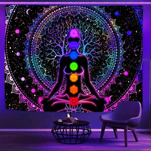 Ine Ive Blacklight Chakra Tapestry Boho Mandala Yoga Meditation Wall Tapestries 80x60Inch UV Reative Trippy Galaxy Space Spiritual Wall Blanket for Bedroom Office Home Decor in Kuwait