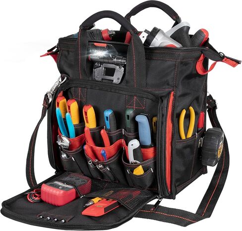 Hultafors Work Gear HTL573 Lighted Technician's Tool Bag, 55 Pockets, Heavy Duty Ballistic Polyester Tool Carrier, Adjustable Swivel Light, Large Center Compartment in Kuwait