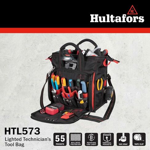 Hultafors Work Gear HTL573 Lighted Technician's Tool Bag, 55 Pockets, Heavy Duty Ballistic Polyester Tool Carrier, Adjustable Swivel Light, Large Center Compartment in Kuwait