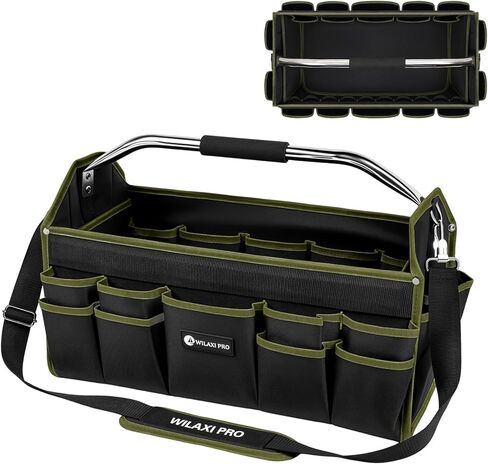 20in Foldable Open Top Tool Bags For Men Heavy Duty, Tool Carrier hard With Handle, Wide Mouth Electrician Tool Tote, Many Pockets Can Hold Many Tool, Green in Saudi Arabia