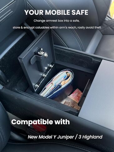 منظم آمن لوحدة التحكم المركزية متوافق مع 2025 2026 Tesla Model Y Juniper & Model 3 Highland Armrest Lock Box ملحقات السيارة الآمنة مع قفل مكون من 4 أرقام مع مفتاح استرداد كلمة المرور in Kuwait