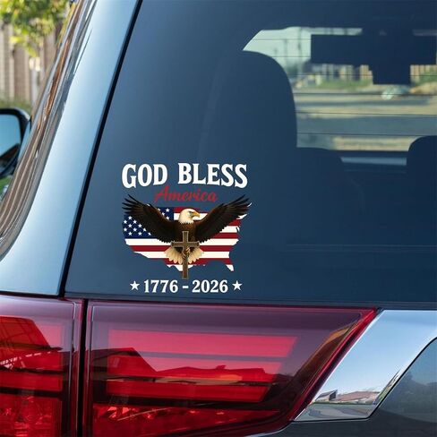 God Bless America Bumper Sticker, Patriotic Religious Design with Eagle and Cross, 1776-2026, Waterproof Vinyl Decal, 7x7 Inches, Weather Resistant (S) in Saudi Arabia