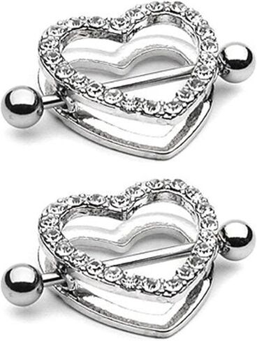 Heart Nipple Rings Clear Gem Paved Surgical Steel 14G 7/8" Length in Kuwait