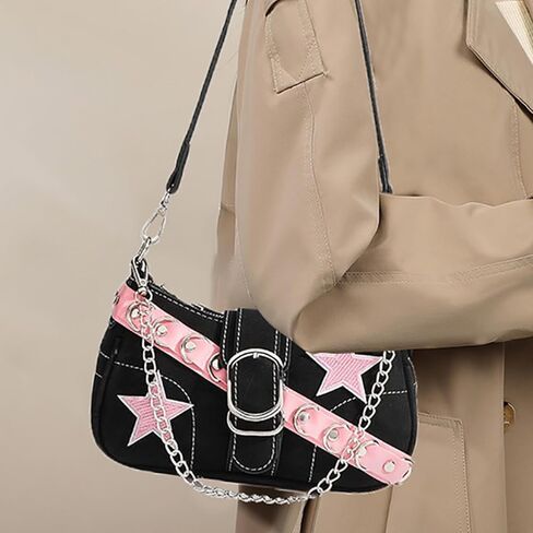 Y2k Bag Grunge Black and Pink Hand Bag Star Pattern Y2k Accessories Women Vintage Bag in Saudi Arabia
