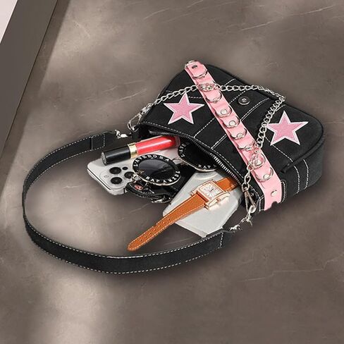 Y2k Bag Grunge Black and Pink Hand Bag Star Pattern Y2k Accessories Women Vintage Bag in Saudi Arabia