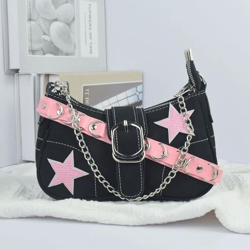 Y2k Bag Grunge Black and Pink Hand Bag Star Pattern Y2k Accessories Women Vintage Bag in Saudi Arabia