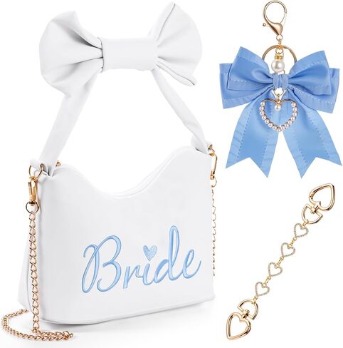 Abbylike 3 قطع محفظة العروس البيضاء للنساء لطيف جلدية الزفاف دش مخلب Crossbody هدية عيد الميلاد حقيبة العروس لتكون حقائب اليد مع موسع القوس الساتان الأزرق لحفل الزفاف خطوبة العازبة in Saudi Arabia