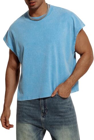 Mens Acid Wash Cropped Tank Tops Dolman Sleeve T Shirt Oversized Vintage Muscle Sleeveless Boxy Tees Crop Top in Kuwait