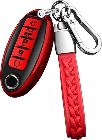 غطاء Autophone لمفتاح Nissan Key Fob مع سلسلة مفاتيح جلدية ناعمة من مادة TPU لحماية المفاتيح لمفتاح Altima Sentra Rogue Pathfinder Murano Armada Maxima Versa الذكي (أحمر، 5 أزرار) in Kuwait
