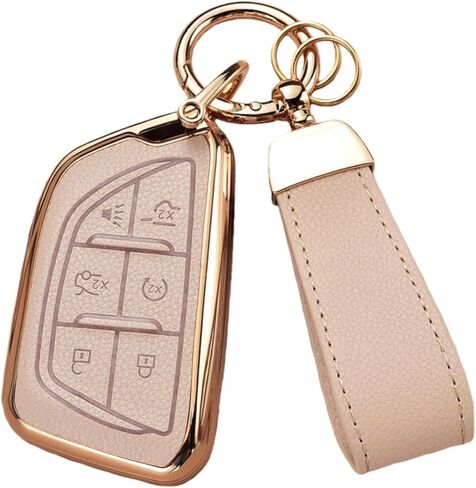 غطاء مفتاح Fob متوافق مع Cadillac Escalade CT4 CT5 CT6 XTS XT4 XT5 ATS، جلد علوي + غطاء مفتاح ناعم من مادة TPU مع سلسلة مفاتيح (6 أزرار، ذهبي وردي) in Kuwait