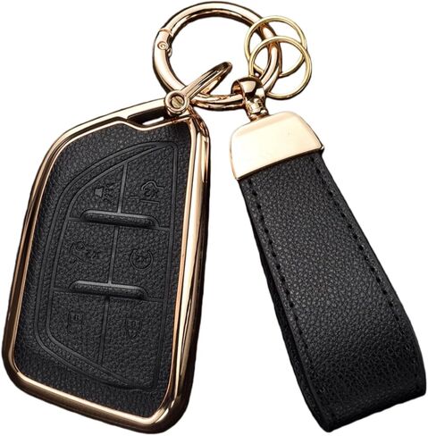 Key Fob Cover Compatible with Cadillac Escalade CT4 CT5 CT6 XTS XT4 XT5 ATS, Upper Leather + Soft TPU Key Cover Case with Keychain (6-Buttons, Rose Gold) in Saudi Arabia