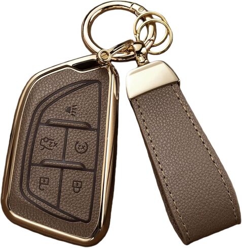Key Fob Cover Compatible with Cadillac Escalade CT4 CT5 CT6 XTS XT4 XT5 ATS, Upper Leather + Soft TPU Key Cover Case with Keychain (6-Buttons, Rose Gold) in Saudi Arabia