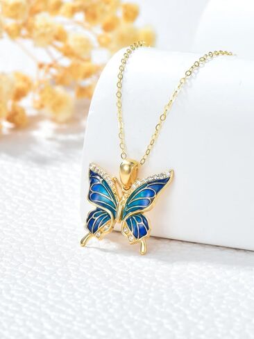 الصلبة 14K الذهب فراشة قلادة للنساء، الذهب الأصفر تحلق فراشة قلادة قلادة مجوهرات هدايا عيد الميلاد لأمها، 16 + 2 بوصة in Kuwait