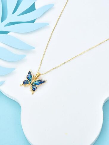 الصلبة 14K الذهب فراشة قلادة للنساء، الذهب الأصفر تحلق فراشة قلادة قلادة مجوهرات هدايا عيد الميلاد لأمها، 16 + 2 بوصة in Kuwait