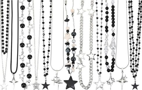 JATEBI 12 PCS Y2K Gothic Necklace Set - Star Pendant, Beaded Silver Chain, Grunge Emo Jewelry for Women, Vintage Punk Alternative Y2K Accessories in Saudi Arabia